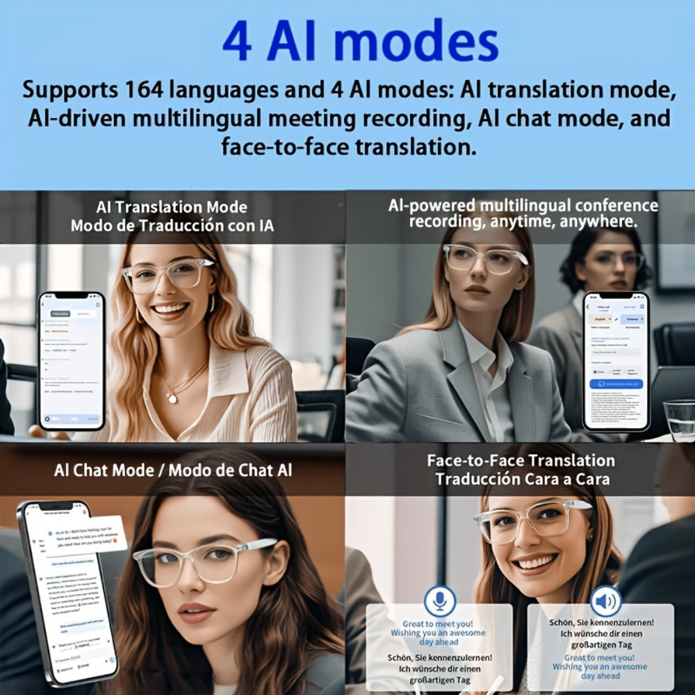 Translation Smart Glasses with 160-Language Real-Time Translation, Hi-Fi Music & HD Voice Calls – Photochromic, Metal Frame & Double-Sided Options, Built-in Mic & Speaker, Unisex