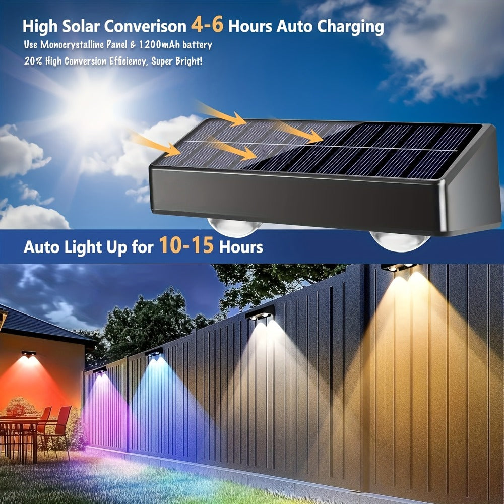 Solar Fence Wall Lights Multicolor LED 9 Modes - Smart Dusk to Dawn Sensor Auto On Off Convex Lens Waterproof for Garden Yard Patio Deck Porch Holiday Christmas Halloween Decoration 4 or 8 Pack