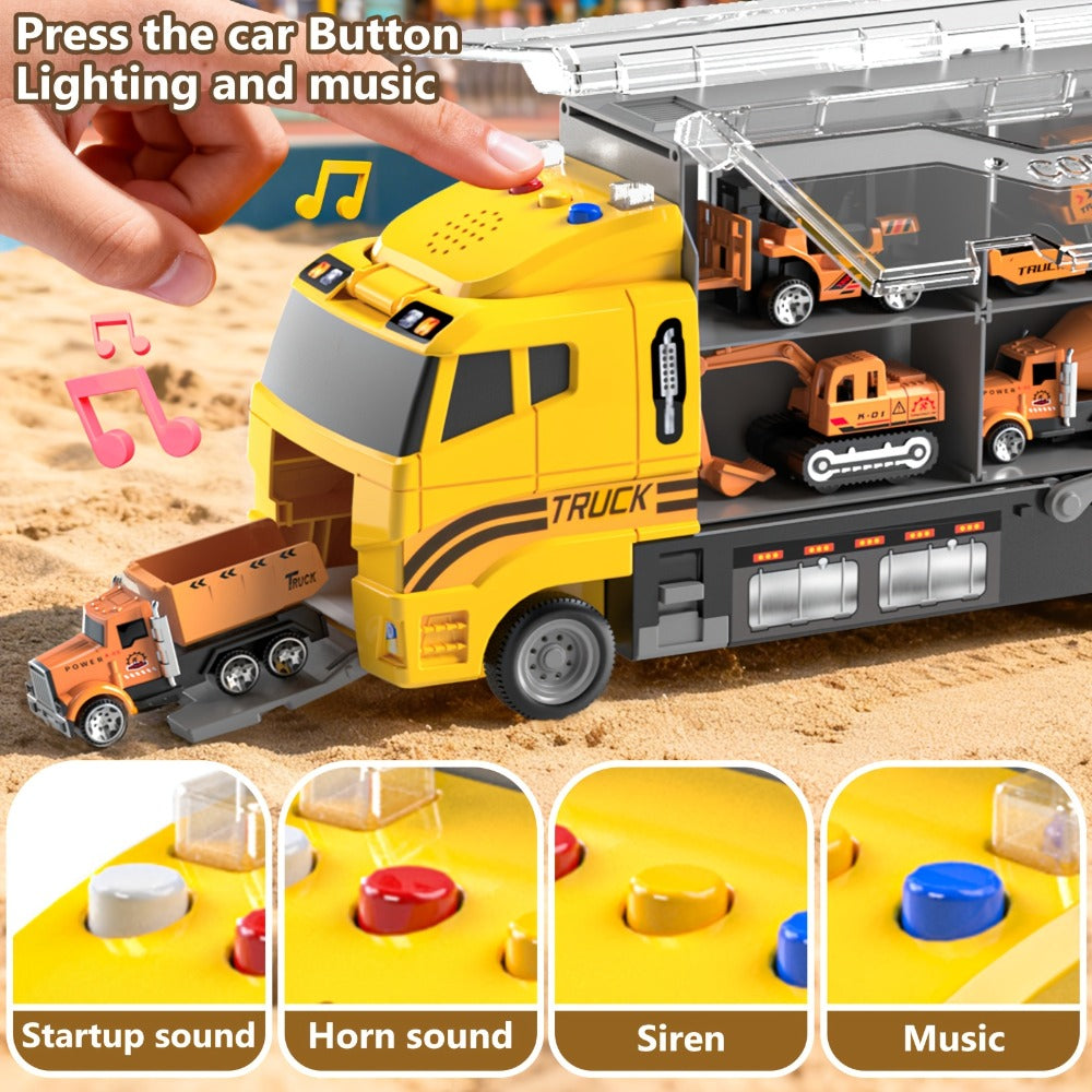 Construction Truck Toy Set, 13-in-1 Carrier with Die-Cast Vehicles and Play Mat