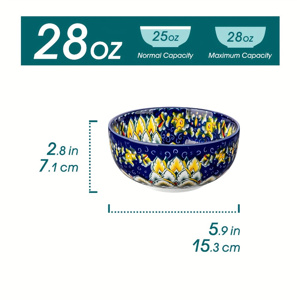 Cereal Bowl Set of 6 Bohemian Style 26oz – Colorful Ceramic Bowls for Cereal Soup Oatmeal Salad Ice Cream Pasta Microwave Dishwasher Safe Boho Kitchen Decor Gift for Home
