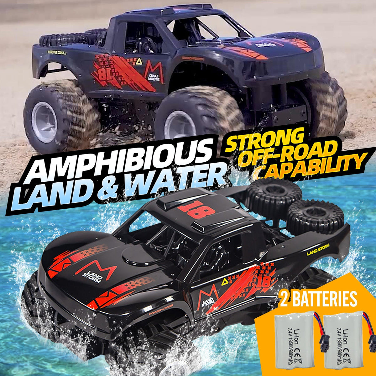 Amphibious RC Car 1:16 Scale 4WD, Waterproof Monster Truck or Pickup, 2 Batteries