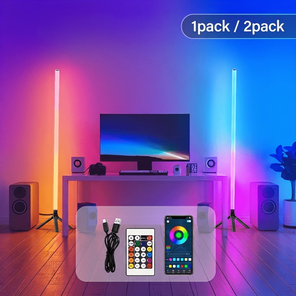 RGB Tube Floor Lamp 360° with Stand – App & 24-Key Remote Music Sync 16 Million Colors Dimmable Timer Mood Light for Bedroom Gaming Room DJ Studio Dance Club Party – 1/2 Pack