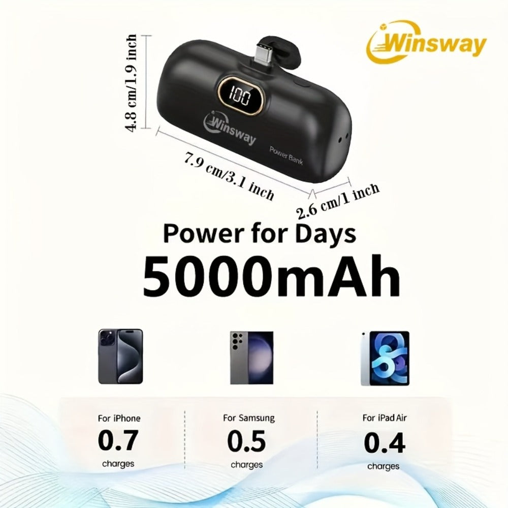 Winsway 5000mAh Mini Portable Charger Type-C Metal Plug with LED LCD Display – Fast Charging Pocket Battery Pack for iPhone 17 16 15 Pro Max iPad Pro Android Samsung, Compact Travel Gift