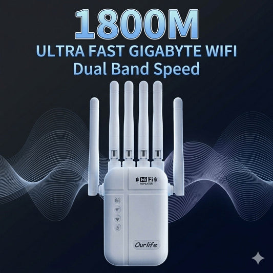 WiFi Booster 1800Mbps 10000 Sq Ft 6-Antenna 360° - Covers 50 Devices, Ethernet Port, One-Click WPS Setup, Advanced Signal Amplifier for Large Home Office Basement Garage Backyard