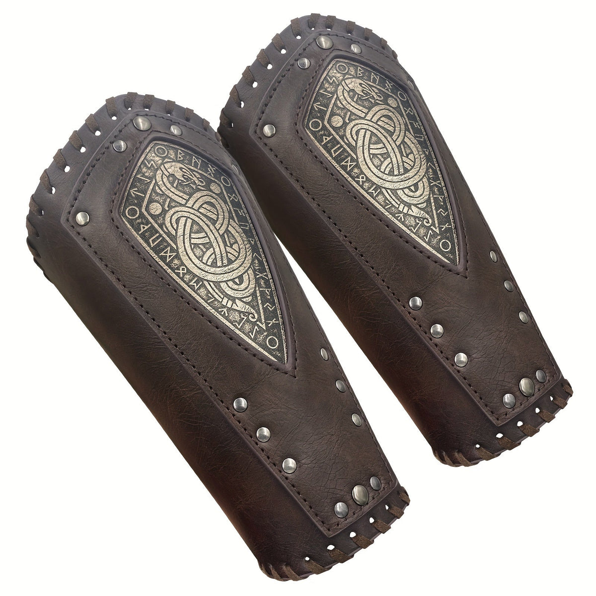 Viking Snake Wrist Guards 2-Pack Medieval Norse Leather Bracers, Nordic Retro Cosplay Props for Halloween LARP Renaissance Faire Costume Accessory, Black & Coffee