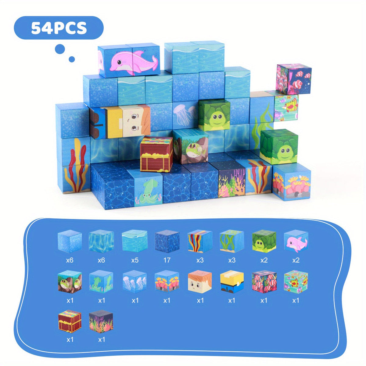 Ocean Adventure Magnetic Building Blocks, 54 or 100 Pieces, 3D Sea Theme Magnet Tiles for Ages 3+
