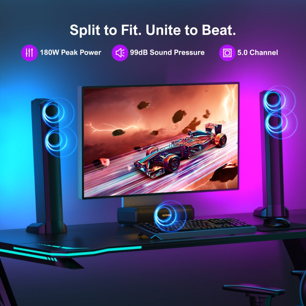 ULTIMEA Soundbar with Built-In Subwoofer – Choose 2.2CH 100W Detachable, 2.1CH 120W App Control, or 5.0CH 180W RGB Surround System, Bluetooth 5.3, ARC Optical AUX, 3 EQ Modes, Home Theater Speaker