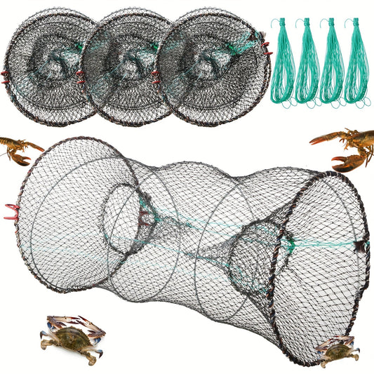 Collapsible Fishing Trap Nets, 4-Pack of 12 × 24-Inch PA Nylon Bait Cages with 49 ft Rope