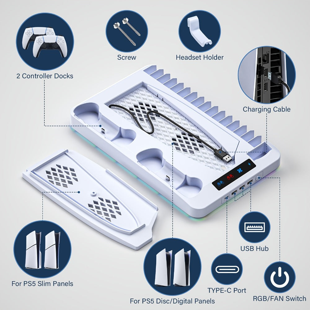 PS5 Cooling Stand with 16 Game Slots & LED Light, Dual Controller Charging Station with Headset & Remote Holders for PS5 & PS5 Slim (Disc & Digital) – Not Compatible with PS5 Pro