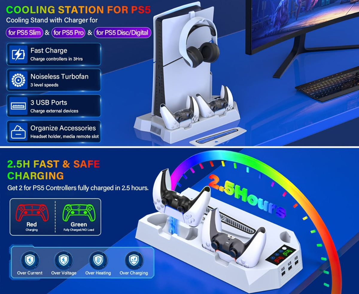 PS5 Cooling Charging Station 5-in-1 with Turbo Fan, Dual Controller Charger, 3-Port USB Hub & Headset Holder – Compatible with PlayStation 5 Slim Pro Standard Disc Digital Edition, 19-Inch USB Cable, Christmas Gift