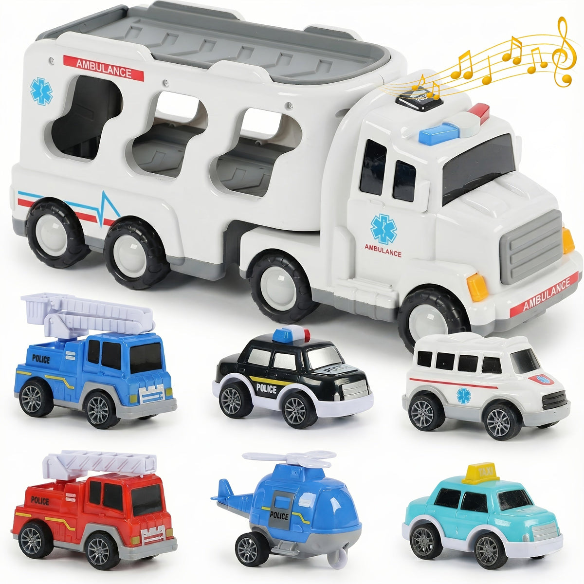 Toy Vehicle Set with 1 Large Car and 6 Small Cars, Four Theme Options