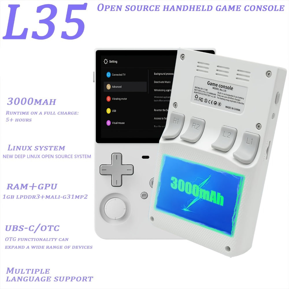 Linux Open Source Handheld Game Console L35 – 3.5 Inch IPS HD Display, Classic Emulators, Ultra-Long Battery Life, Multiple Setup Support, 64GB/128GB Storage, Perfect Holiday & Birthday Gift for Gamers