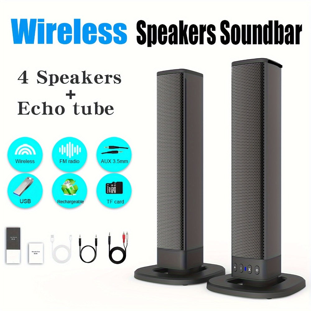 Detachable 20W TV Soundbar with Wireless Subwoofer, 3D Surround Sound Home Theater Speaker System, TF/AUX/FM/RCA/TWS, 4 Speakers, 2000mAh Battery, for TV PC Movie Game