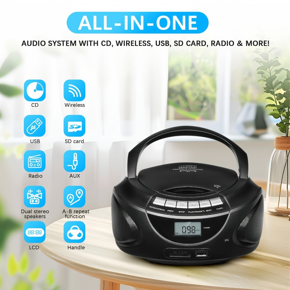 Portable CD Player Boombox with AM FM Radio Dual Stereo Speakers, Aux Input USB TF Card MP3 Player, Earphone Jack, A-B Repeat, Plug & Play 120V, Multi-Function Home & Outdoor CD Boombox