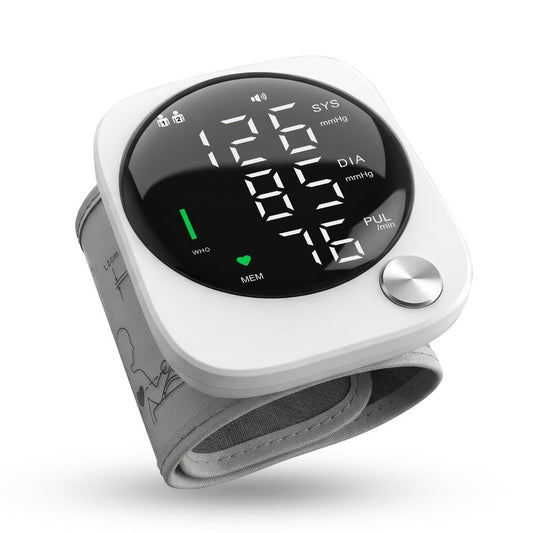 Wrist Blood Pressure Monitor with LCD Screen, Arrhythmia Alarm & Voice Playback – Adjustable Cuff, USB Charging, Gift for Family