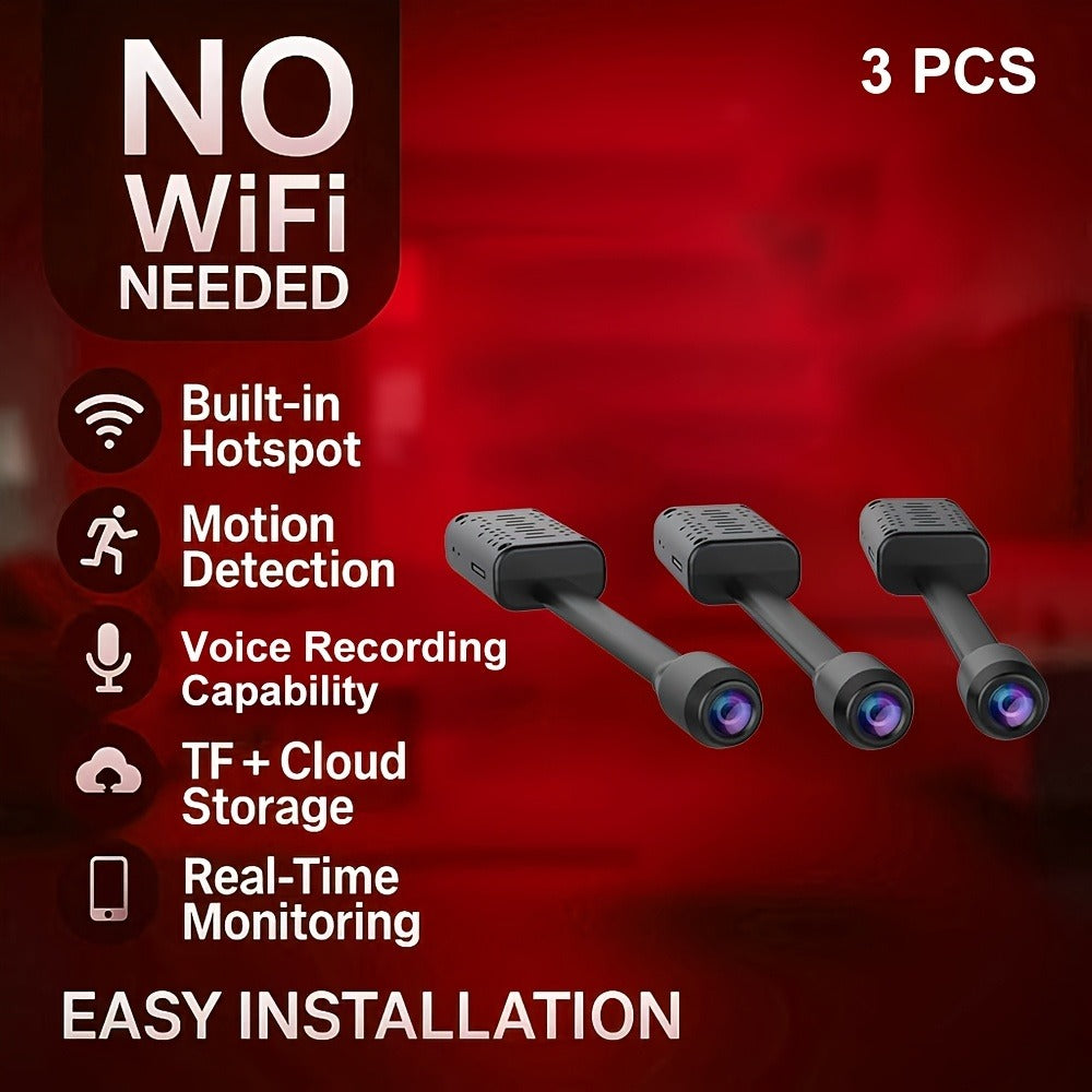 No WiFi Security Camera 3 Pack with Built-In Hotspot – 1080P Motion Detection, Audio Recording, Cloud & SD Card Storage, USB Plug-In Power, Easy Install, Real-Time Close Range Viewing System