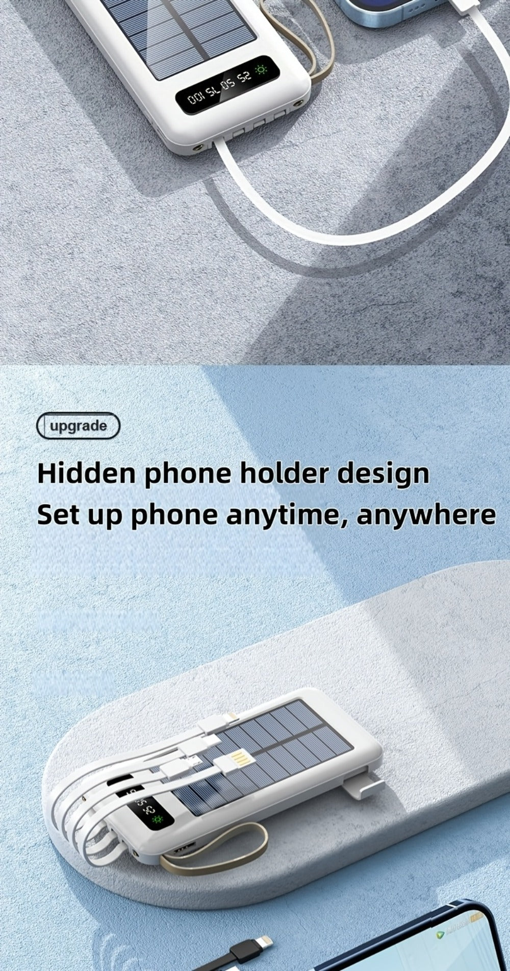 Solar Power Bank with Built-in 4 Cables LED Flashlight 15W Fast Charging Digital Display Dual USB USB-C Portable Charger 10000mAh 20000mAh 30000mAh for iPhone Android Camping Hiking