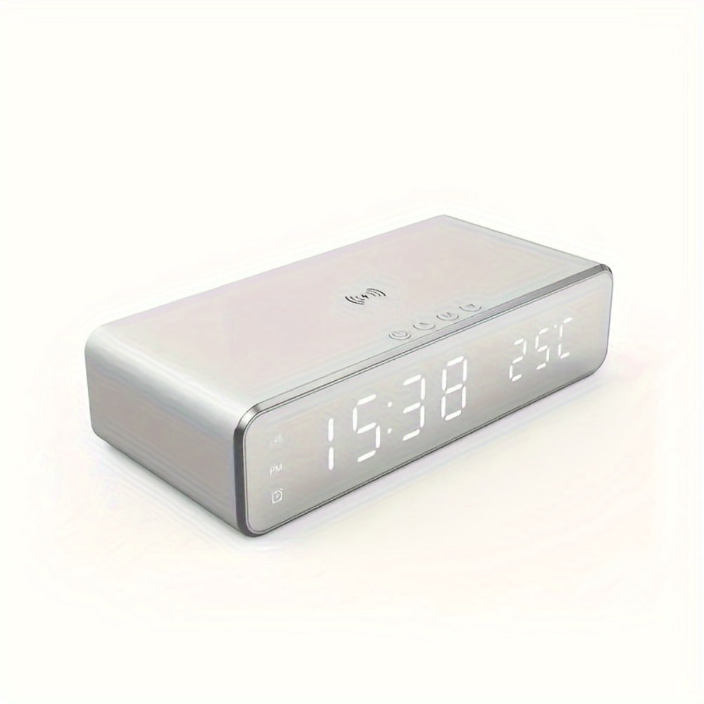 Alarm Clock Wireless Charger with Thermometer 3-in-1 LED Fast Charging Pad for iPhone & Android – 3 Alarms, 12/24H Display, Celsius/Fahrenheit, Power Saving Mode | Bedside Nightstand & Desk Gadget | Black & Silver