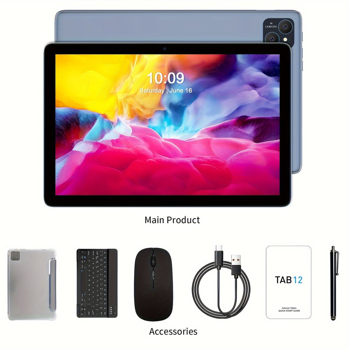 PRITOM Android 14 Tablet 10.1 Inch 8GB RAM 128GB ROM Octa-Core 8000mAh 2-in-1 Tablet with Keyboard Mouse Case Stylus Dual 8MP Camera 1TB Expandable 1280x800 IPS Display Tablet PC Black