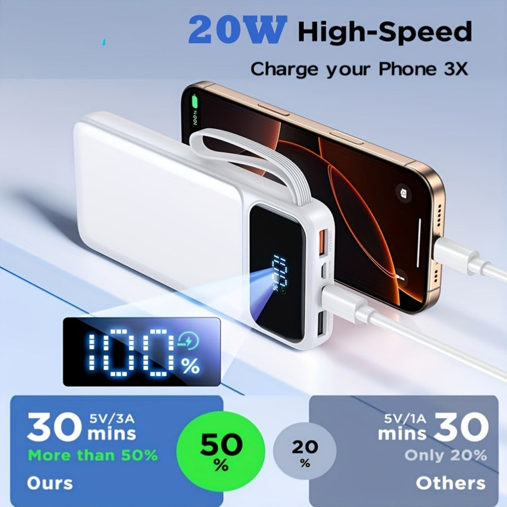 Ultra-Thin 20000mAh Power Bank with Built-In Cable – 20W Fast Charging USB-C Battery Pack, Slim Portable Charger for All Mobile Phones Tablets iPhone 17 16 15 Android Samsung, Travel Spare Battery
