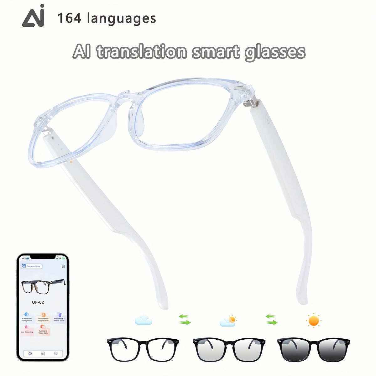 ChatGPT AI Translation Glasses with 160-Language Real-Time Translation, Photochromic Lenses, HiFi Audio & HD Calls – 19 Frame Styles, Unisex Smart Eyewear for Travel & Business