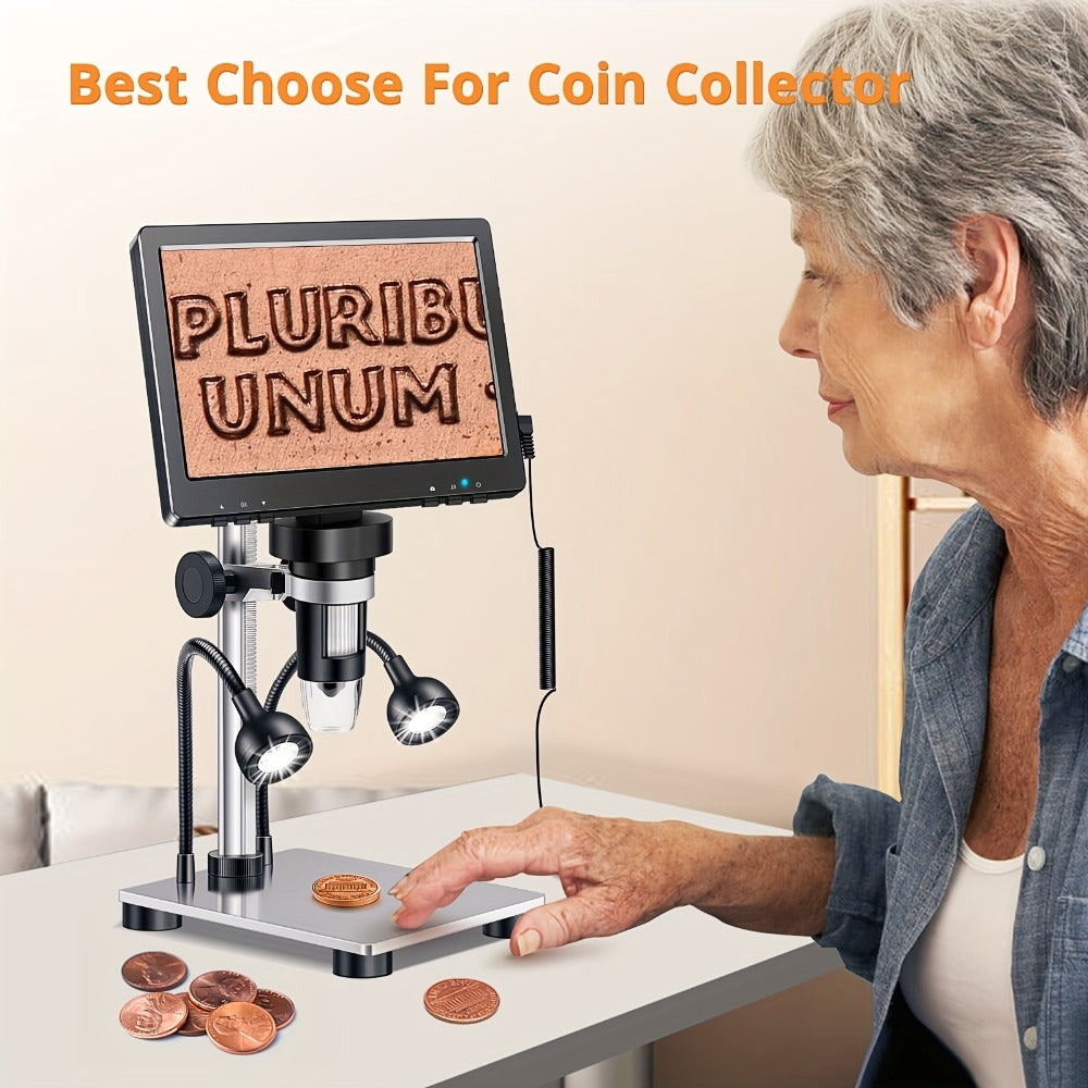 7 Inch LCD Digital Microscope 1200X Magnification, DM9 Coin Microscope 12MP Camera, 8 LED Lights, 32GB Card, Windows Compatible, USB Wired, for Coin Collecting, Jewelry, PCB, Science Education