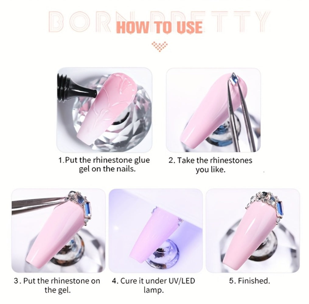 Rhinestone Glue Gel 2pcs Strong Bond 1.01oz Each – Professional Nail Charm Adhesive for 3D Gems, Crystals & Bling Decorations, Long-Lasting Water-Resistant Clear Gel Formula for DIY & Salon Nail Art