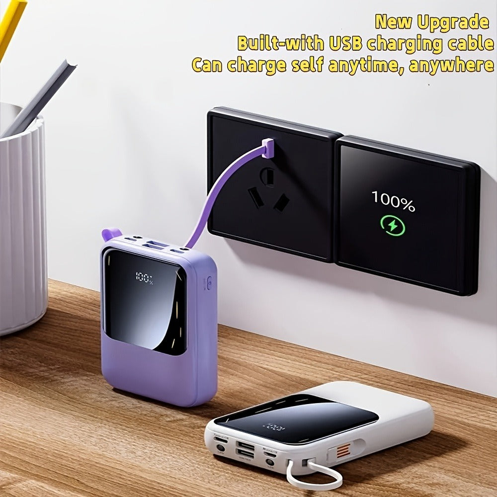 10000mAh Mini Power Bank with Built-in 4 Cables – 22.5W Super Fast Charging, LED Display, Cute Portable Charger for iPhone, Android, Samsung & Travel, Ultra-Compact Battery Pack with LED Light