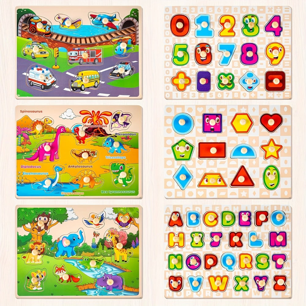 Wooden Toddler Puzzle Set with Storage Rack, Two Theme Options