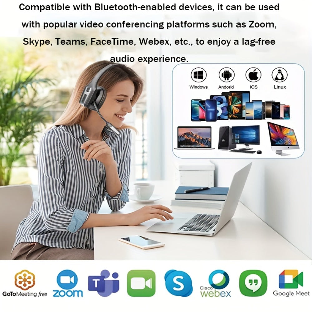 Trucker Bluetooth Headset Single Ear Noise Canceling Wireless Mono Headphone Type-C Charging Dual Device Connection for Teams Zoom Skype Office Calls Portable Lightweight Durable Black