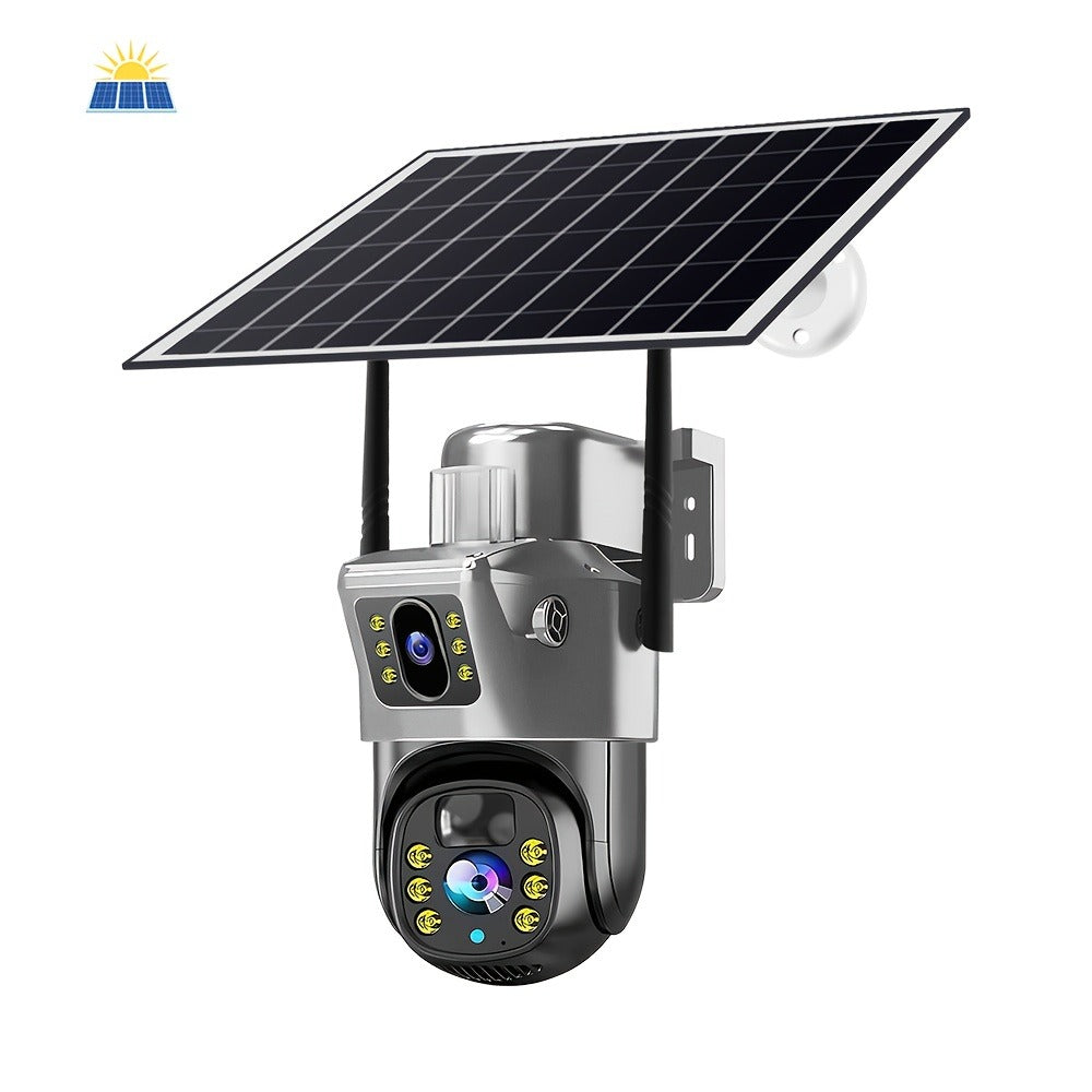 Solar Powered Wireless Security Camera Outdoor 360° PTZ WiFi Surveillance Cam Dual Lens Full Color Night Vision 4G Remote View No Dead Angle with TF Card & Cloud Storage