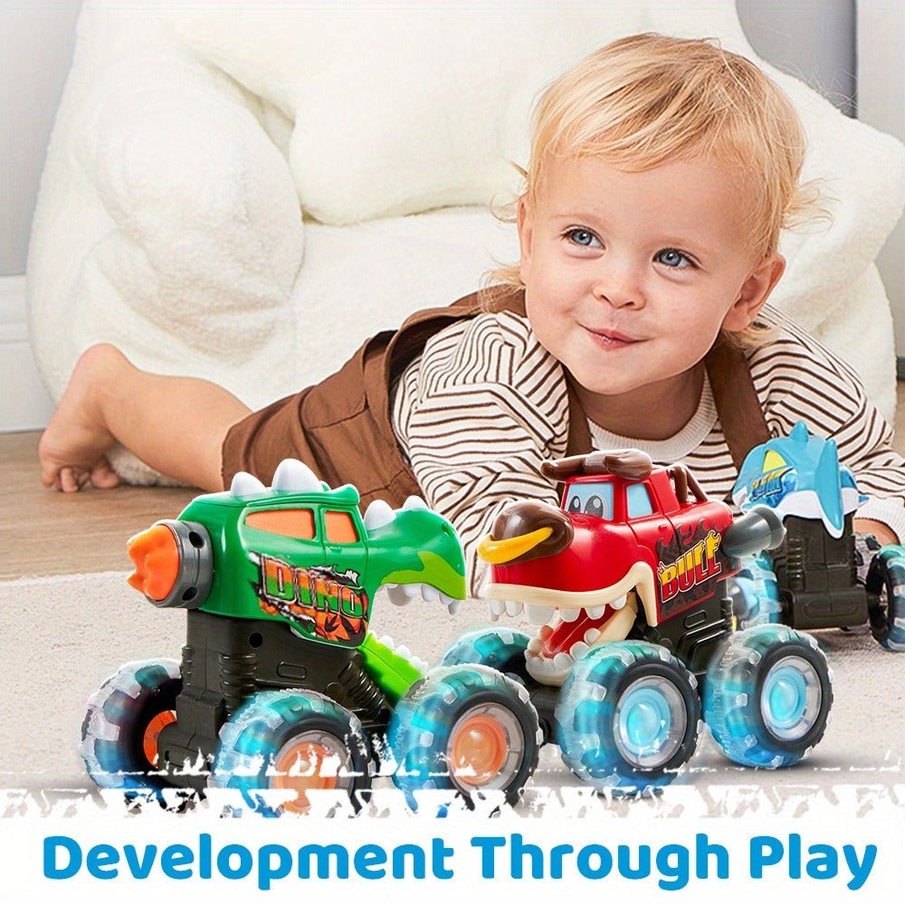 Monster Truck Toy 3-Pack with LED Lights, Press-and-Go Shark, Bull & Dinosaur