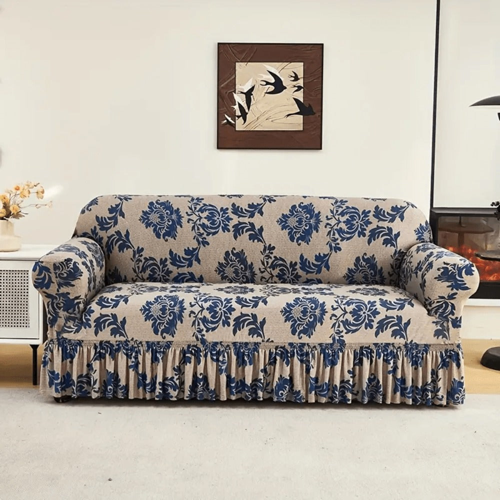 Stretch Sofa Cover Slipcover High-Stretch Fabric Ruffle Skirt Non-Slip Rod All-Season Snug Fit for 1 2 3 4 Seater Couch — Dark Blue with Pillow Cover