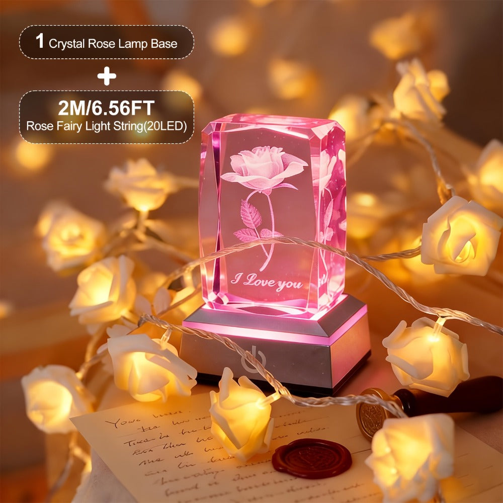 Rose Crystal LED Night Light – Colorful Floral LED Sign Lamp, Romantic Desk Light for Bedroom Vanity, Unique Gift for Girlfriend Wife Mom on Women's Day Anniversary Birthday (4 Styles)