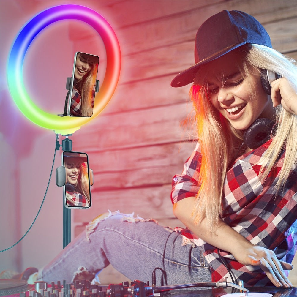 RGB Ring Light 12 Inch Dimmable with 63 Inch Adjustable Tripod USB Powered Phone Stand Gimbal Clamp for Makeup Live Streaming Selfie Photography TikTok YouTube Portable
