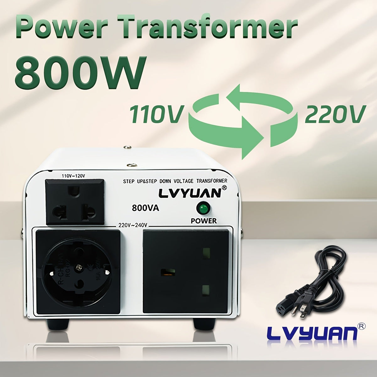 Heavy-Duty Voltage Converter Transformer 800W Continuous 5000W Peak - Step Up Step Down 110V to 220V, Aluminum Alloy Housing, Overload Indicator, Safety Protection, Black & White Options