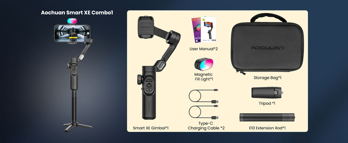 3-Axis Gimbal Stabilizer for Smartphone iPhone Samsung Android Ultra Lightweight Foldable Portable Vlogging Video Creator Gimbal AOCHUAN Smart XE Combo