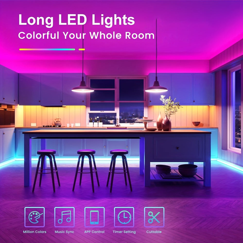 RGB LED Light Strip 50ft 100ft 130ft 16 Million Colors Music Sync – App & 24-Key Remote Control, Color Changing LED Strips for Bedroom, Game Room, Dorm & Party Decoration
