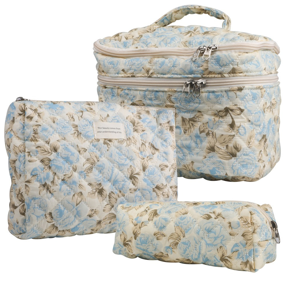Quilted Floral Makeup Bag Set 3PCS Large Capacity Dual Layer Cotton Cosmetic Bags Coquette Aesthetic Travel Toiletry Organizer Gift for Women Girls Blue Rose Pink