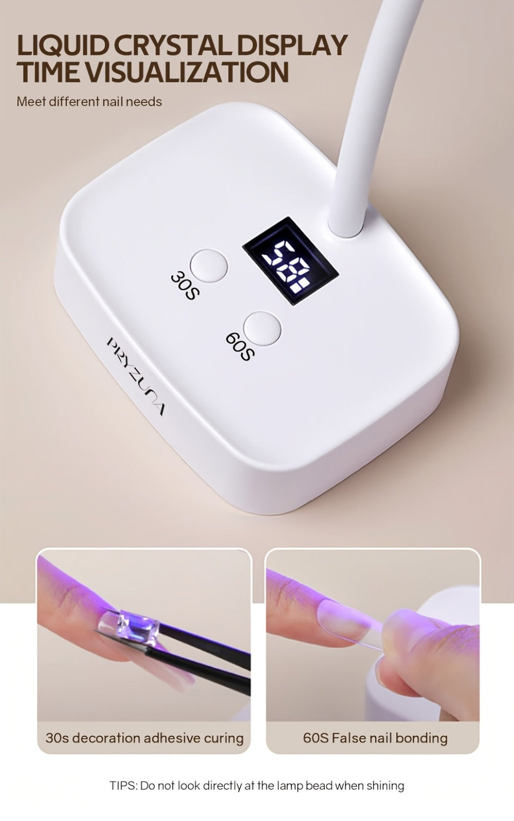 Gooseneck LED Nail Lamp 360° Flexible Portable USB Rechargeable Gel Nail Dryer Auto Sensor LCD Display 2 Timer Settings 9-Bead Dual Light Quick Dry for Home Salon Gel Polish Nail Art White