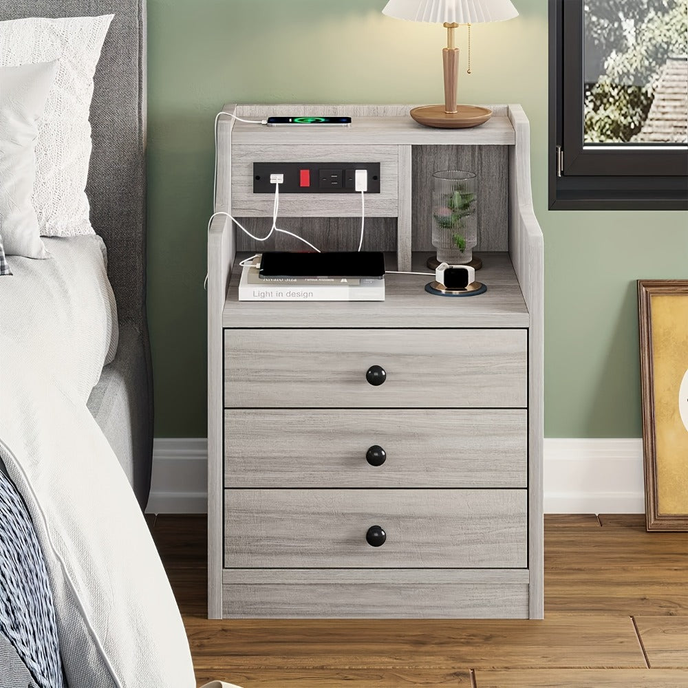 Nightstand with Power Outlets and USB Ports – 3-Drawer Hutch Charging Station | 2 Outlets 2 USB | Bedroom End Table Side Table | 14"D x 17.7"W x 26.8"H | Gray or White | Housewarming Gift