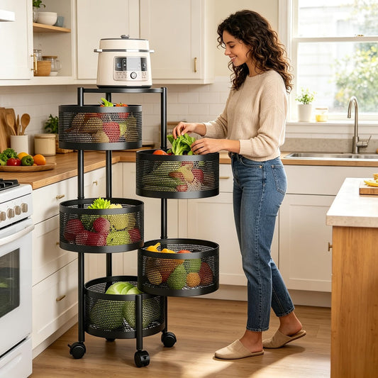 Rolling Storage Cart with 360° Rotation, White 3-Tier or Black 5-Tier