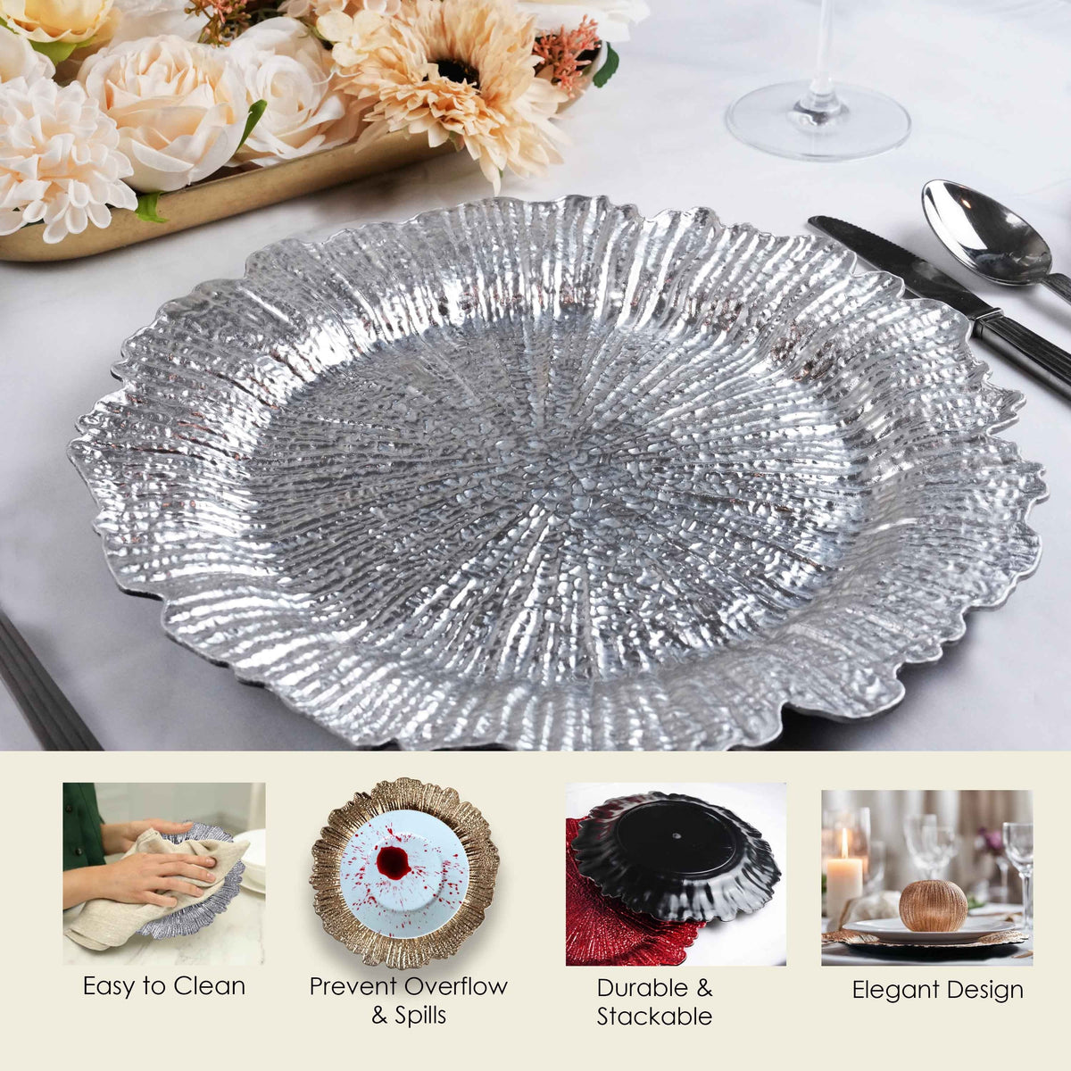 Charger Plates 13 Inch Set of 24 – Floral Reef Design Decorative Dinner Plate Chargers for Wedding Table Setting Party Banquet Reception Decor Silver Rose Gold Red