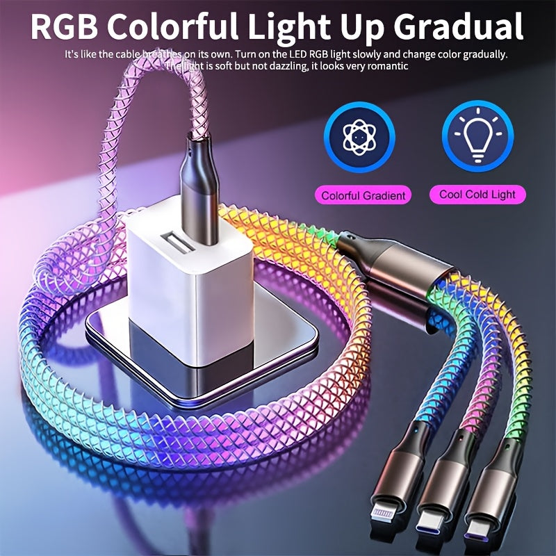 3-in-1 Braided Charging Cable with LED RGB Light, Universal Multi Charger Cord with Lightning, USB-C and Micro USB, Compatible with iPhone, Samsung, Android, iPad and Most Phones