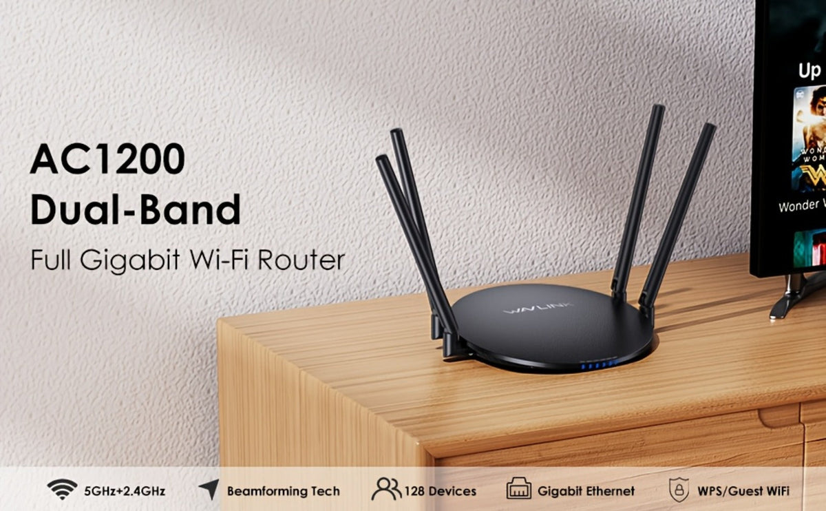 WAVLINK AC1200 WiFi Router 3-in-1 Dual Band 1200Mbps - 4x5dBi Antennas, Gigabit WAN LAN, Router Access Point Repeater Mode, Covers 1500 Sq Ft, Supports 128 Devices, WPA2 Security, Easy WPS Setup