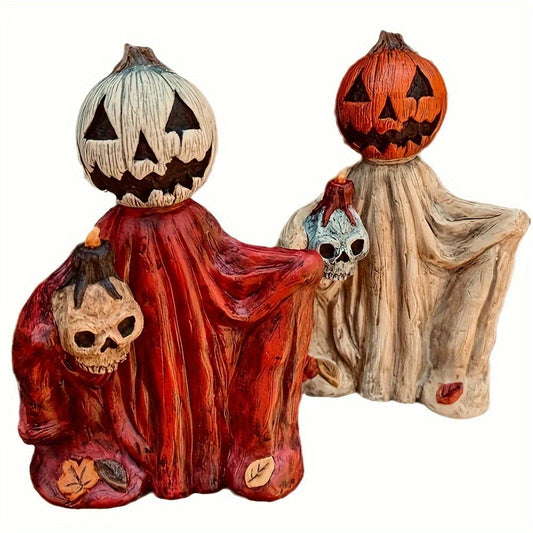 Halloween Pumpkin Wizard Figurines - Red & Cream Resin Set of 2 for Shelf Decor