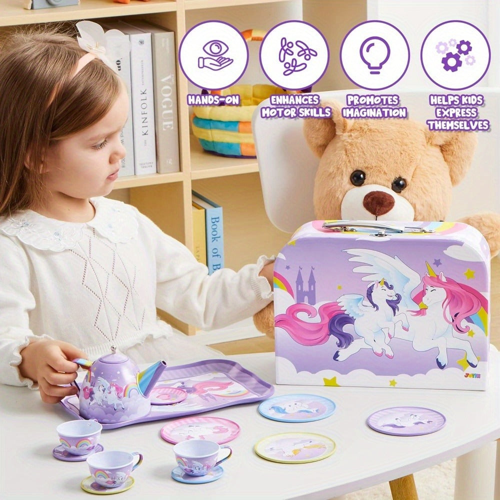 Purple Unicorn Pretend Play Tea Set with Teapot, Cups and Storage Case
