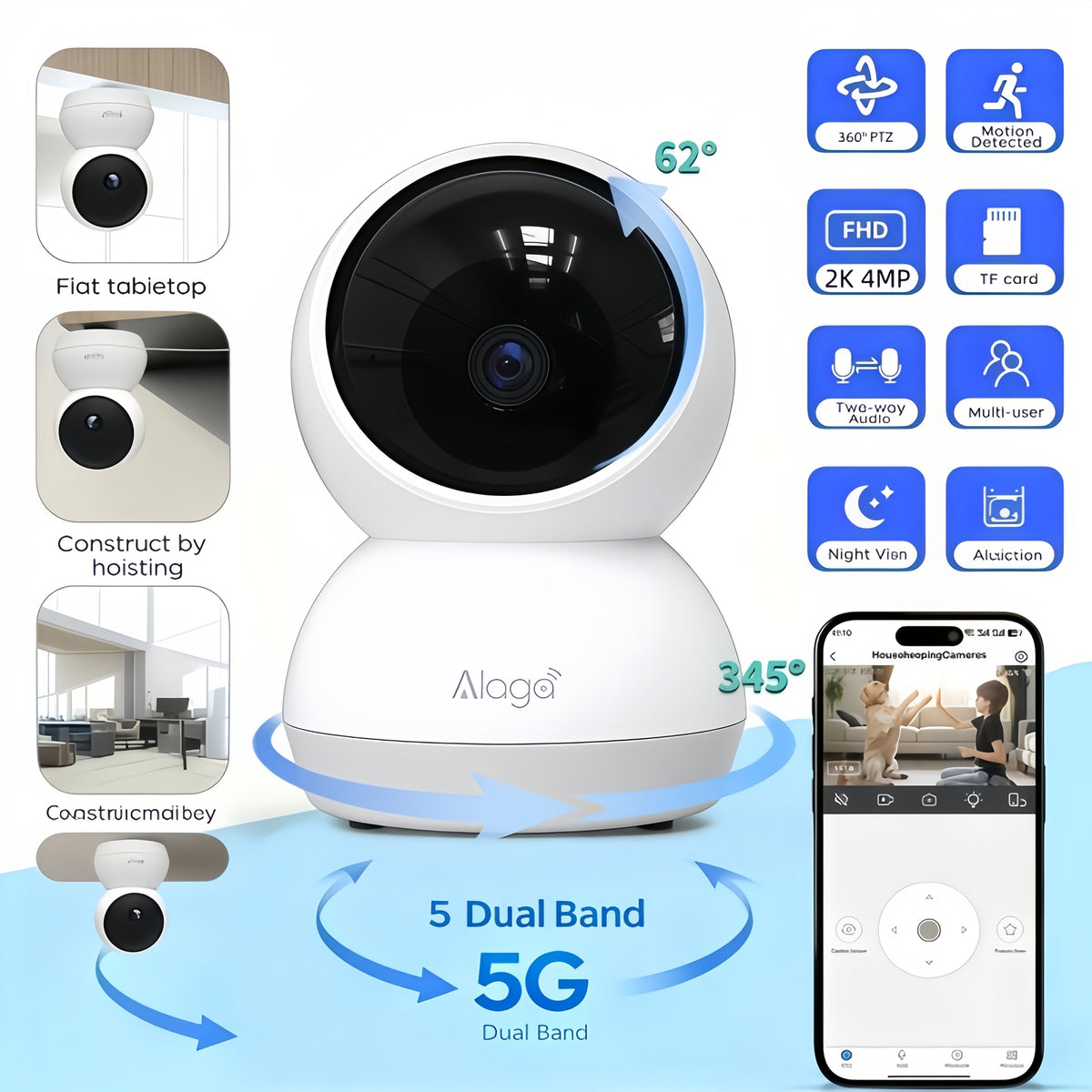 2K 4MP Indoor Security Camera 360° Full View, Dual Band 5G/2.4G WiFi, AI Motion Detection, Night Vision, Two-Way Audio, App Monitoring – Home & Office Surveillance