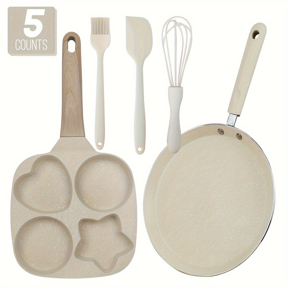 Non-Stick Cookware Set 5-Piece Beige – Pumice Stone Coating Egg Frying Pan Pancake Skillet with Kitchen Utensils | Aluminum Induction Compatible Home Cooking Set for Eggs Pancakes & Breakfast