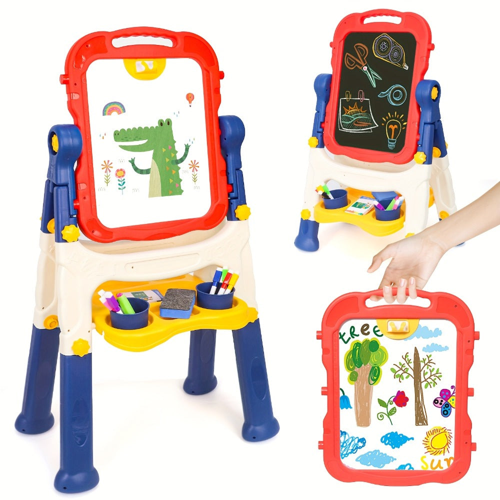 Art Easel for Kids Adjustable Double-Sided Standing Easel with Painting Accessories for Boys & Girls Ages 3+ – Rotatable Portable Chalkboard Whiteboard Children's Easel | Birthday Christmas Gift